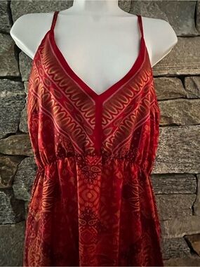 Red Printed Maxi Dress with V-Neck